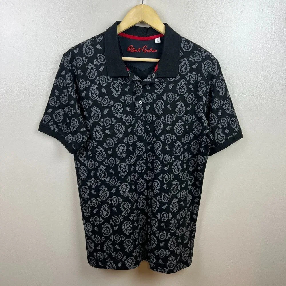 Robert Graham Kramer Polo Shirt Mens Small Black Paisley Short Sleeve Classic